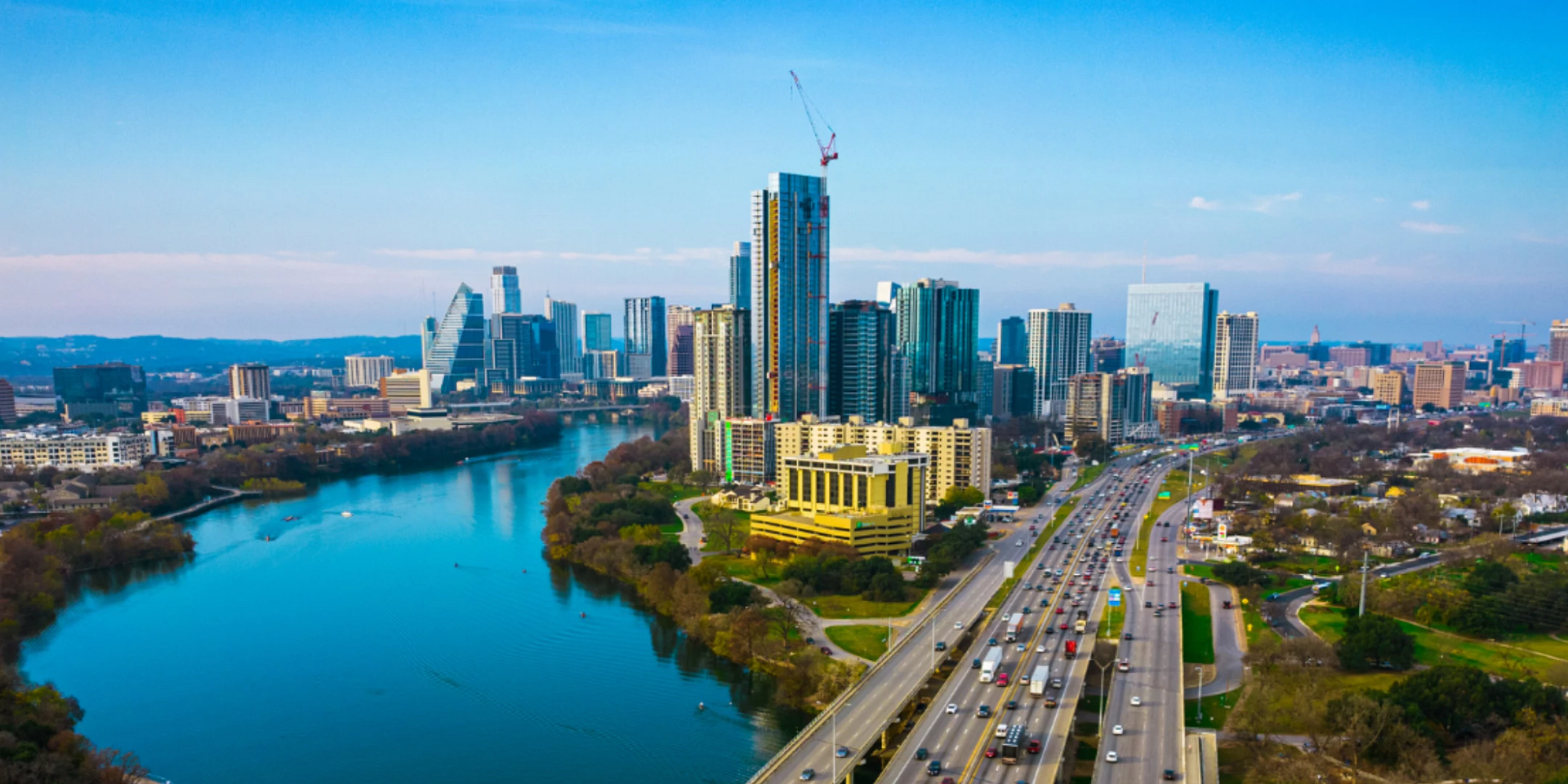An aerial view of downtown Austin from the southeast direction