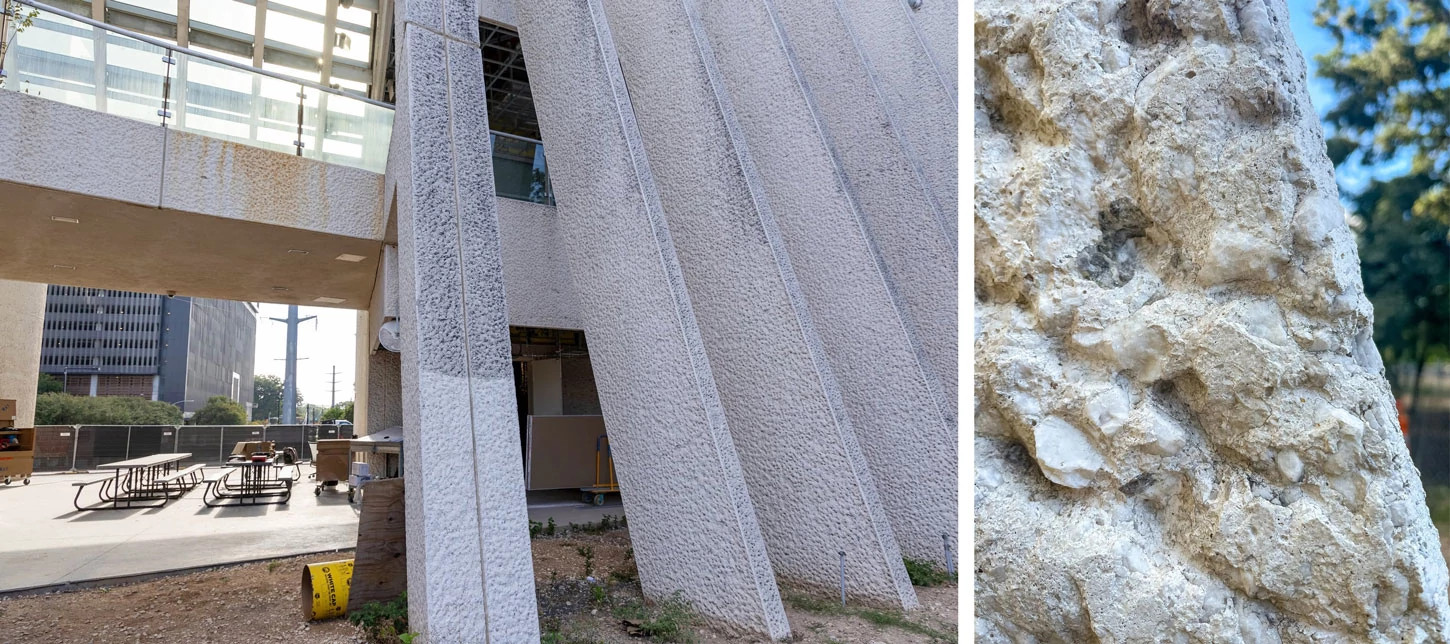 collage showing cleaning of exterior panels and close up of the marble