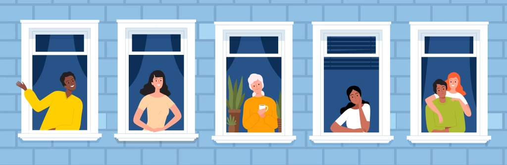 Blue graphic displaying four windows with four different people looking out of them.