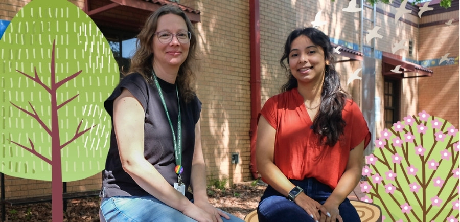 Colleen Garland, AISD's Outdoor Learning Specialist, sits in the OWL Center garden next to colleague Joanna Orozco.