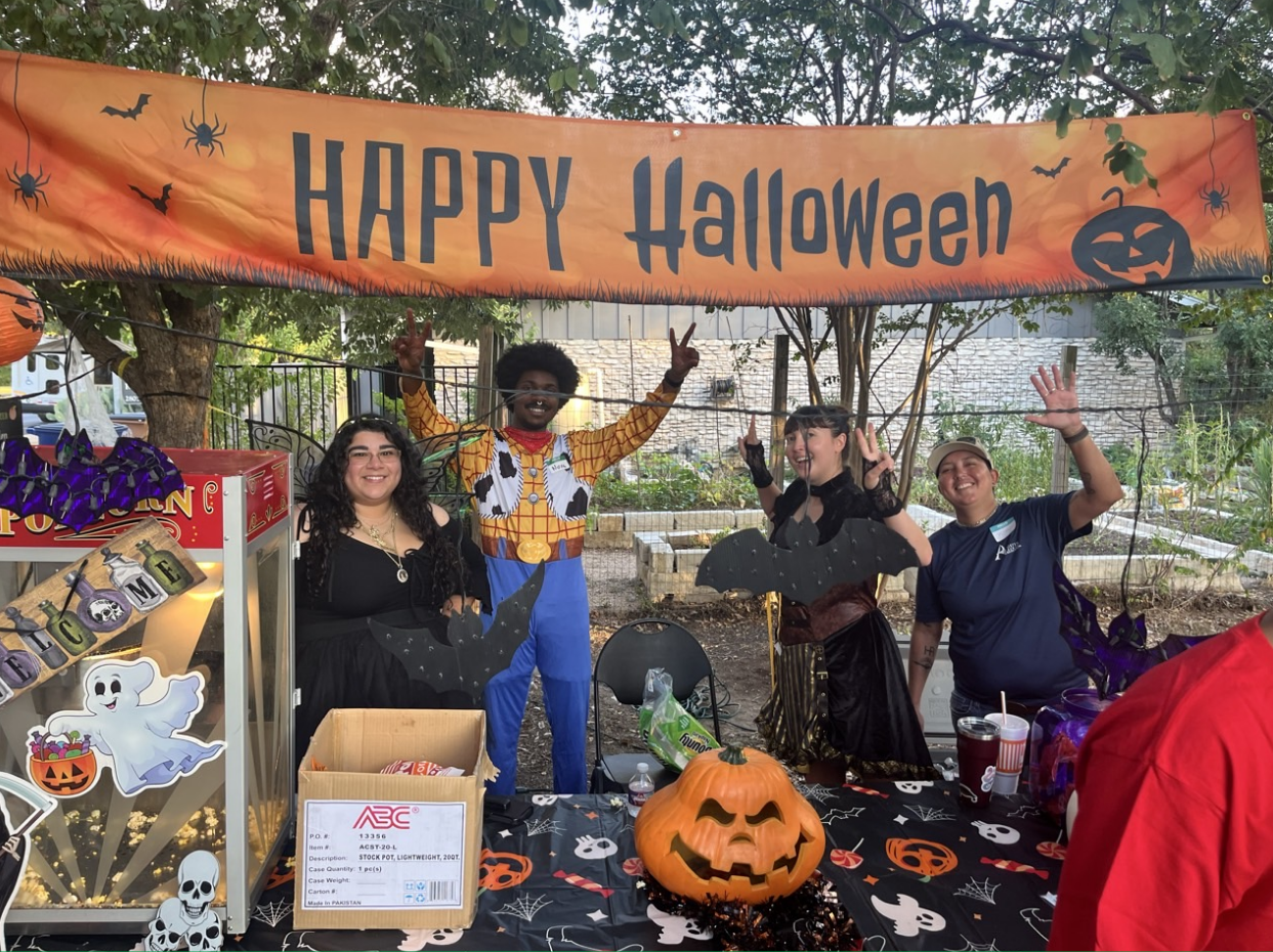 Four people celebrating Halloween
