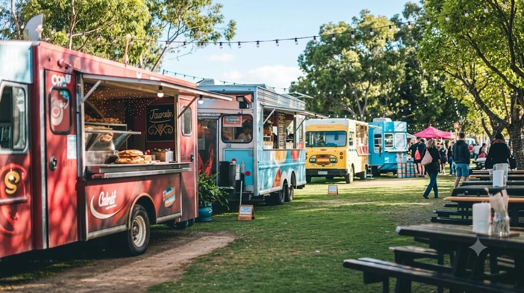 multiple food trucks lined up at a park with picnic benches out front