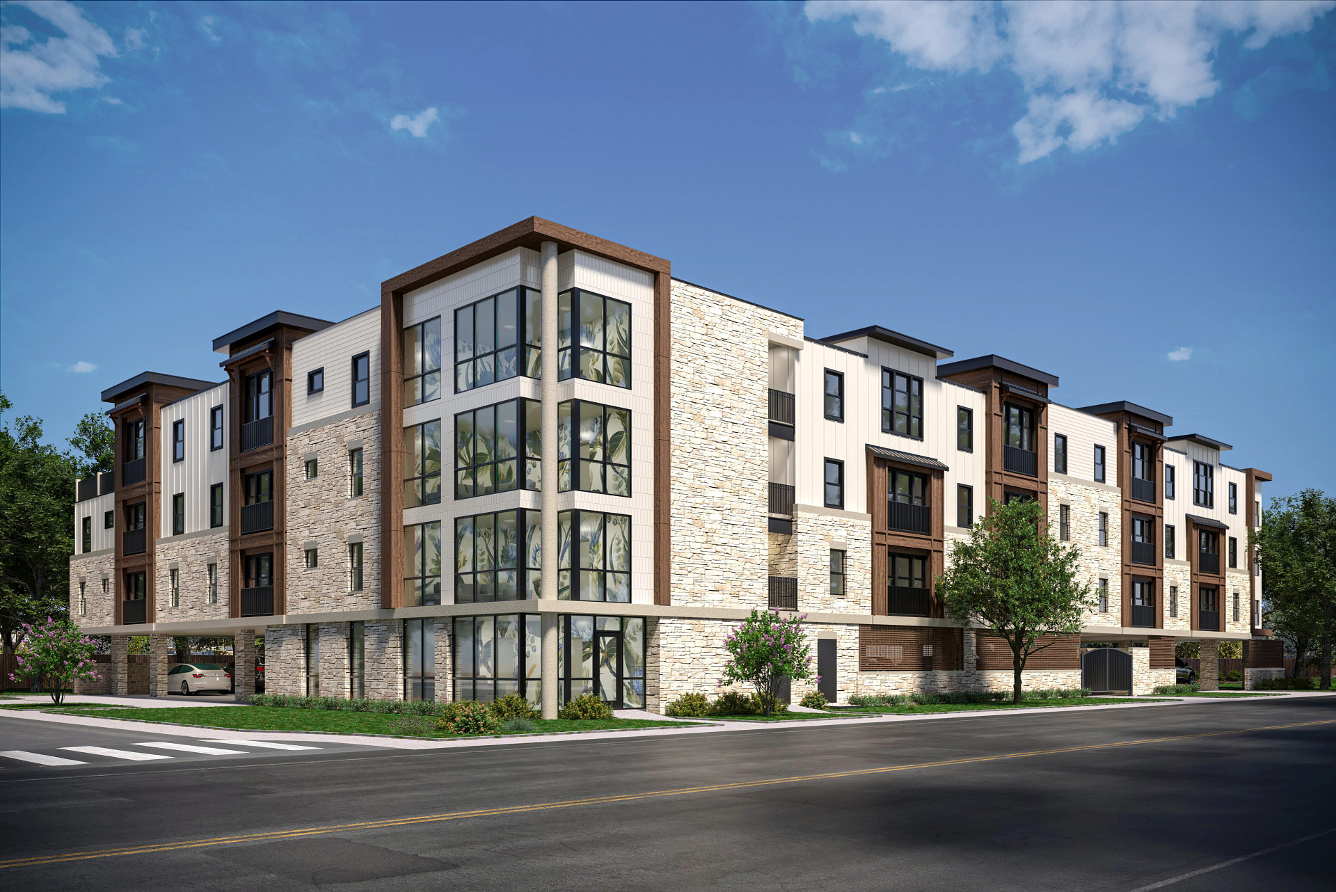 Rendering depicts the planned multi-story Rowen Vale affordable housing community with multi-faceted exterior that includes stone, stucco and siding. 