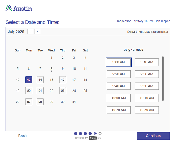 screenshot of time scheduling for inspection