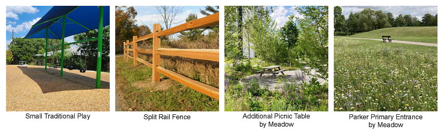 Example images of small traditional playground, split rail fence, additional picnic table by meadow, Parker primary entrance by meadow