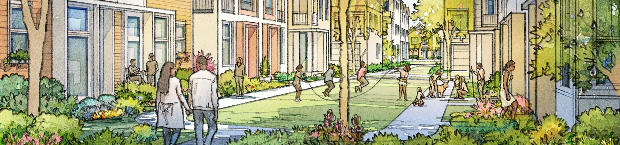 Illustration of people walking and playing in the Colony Park Community