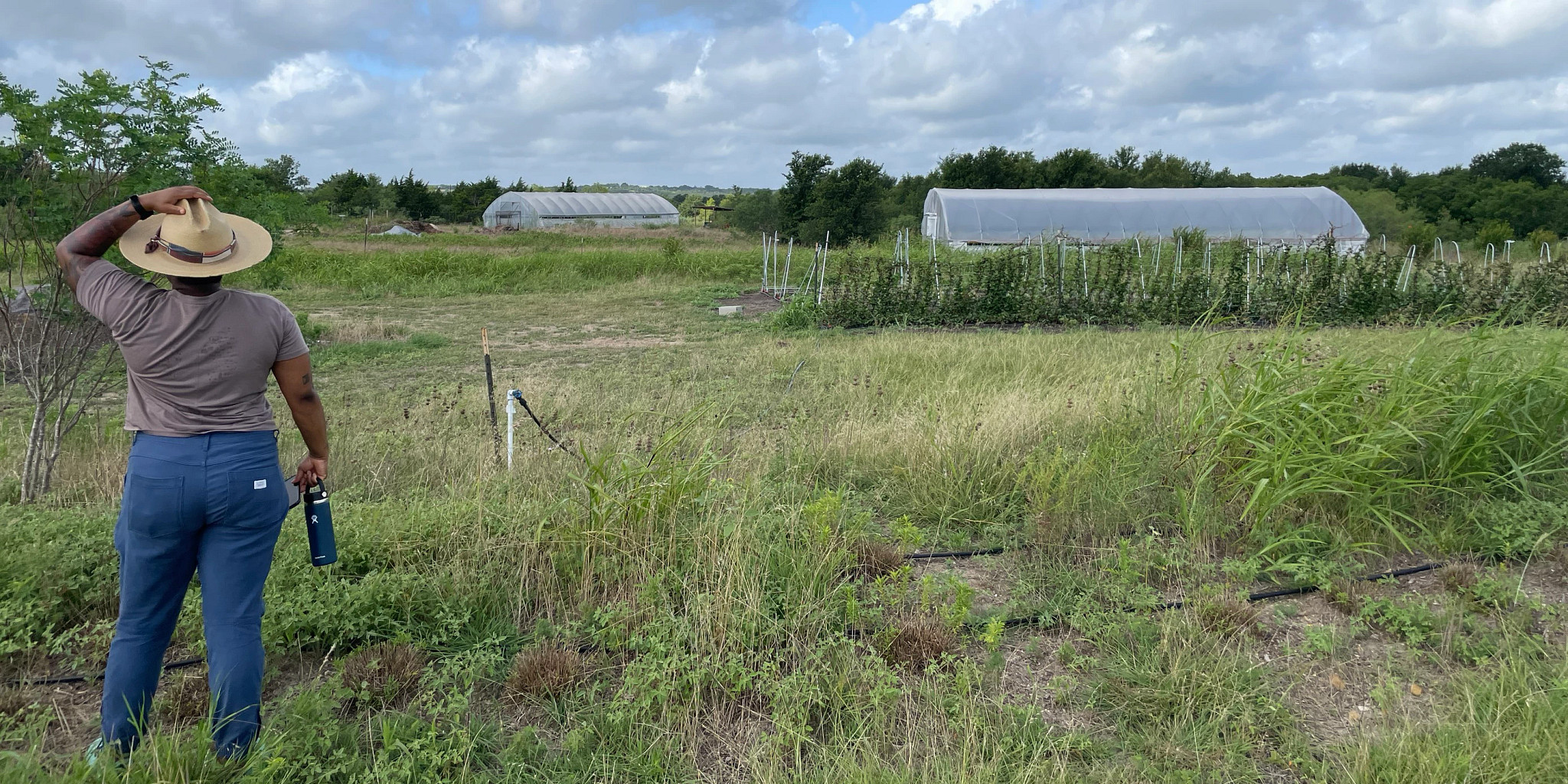Person in a sun hat holding a water bottle photographed from behind looking at a farm and the sky.