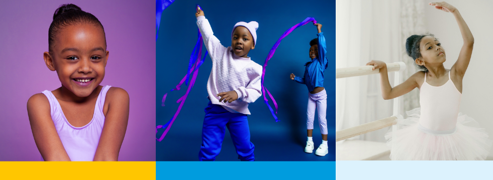 three image collage of dancing kids in color blocks