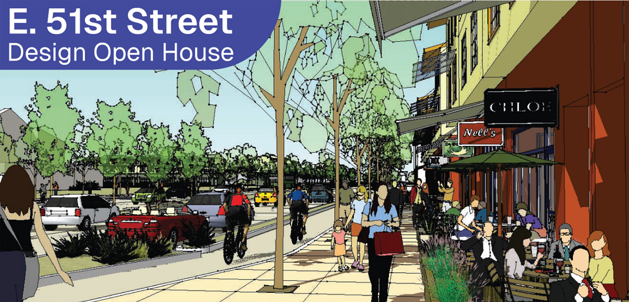 East 51st Street design concept of people eating at restaurants and shopping. There are also people biking on bike lanes.