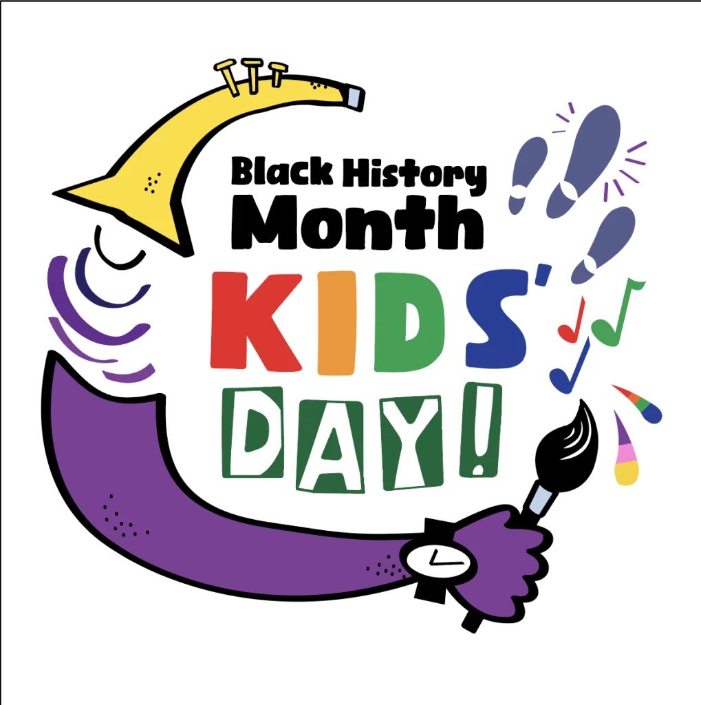 colorful graphic with text reading black history month kids day