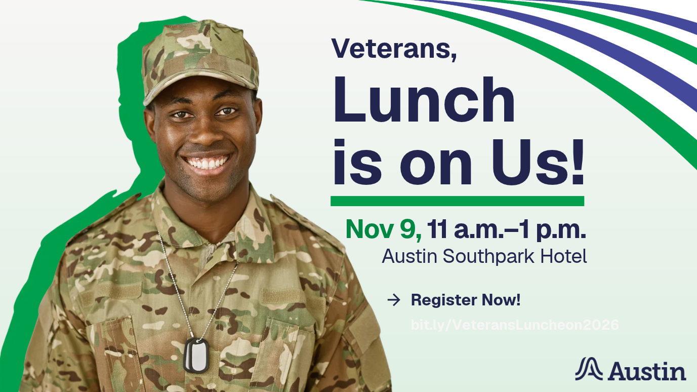 Lunch is on us Veterans Celebration luncheon with a Black man in military uniform smiling big