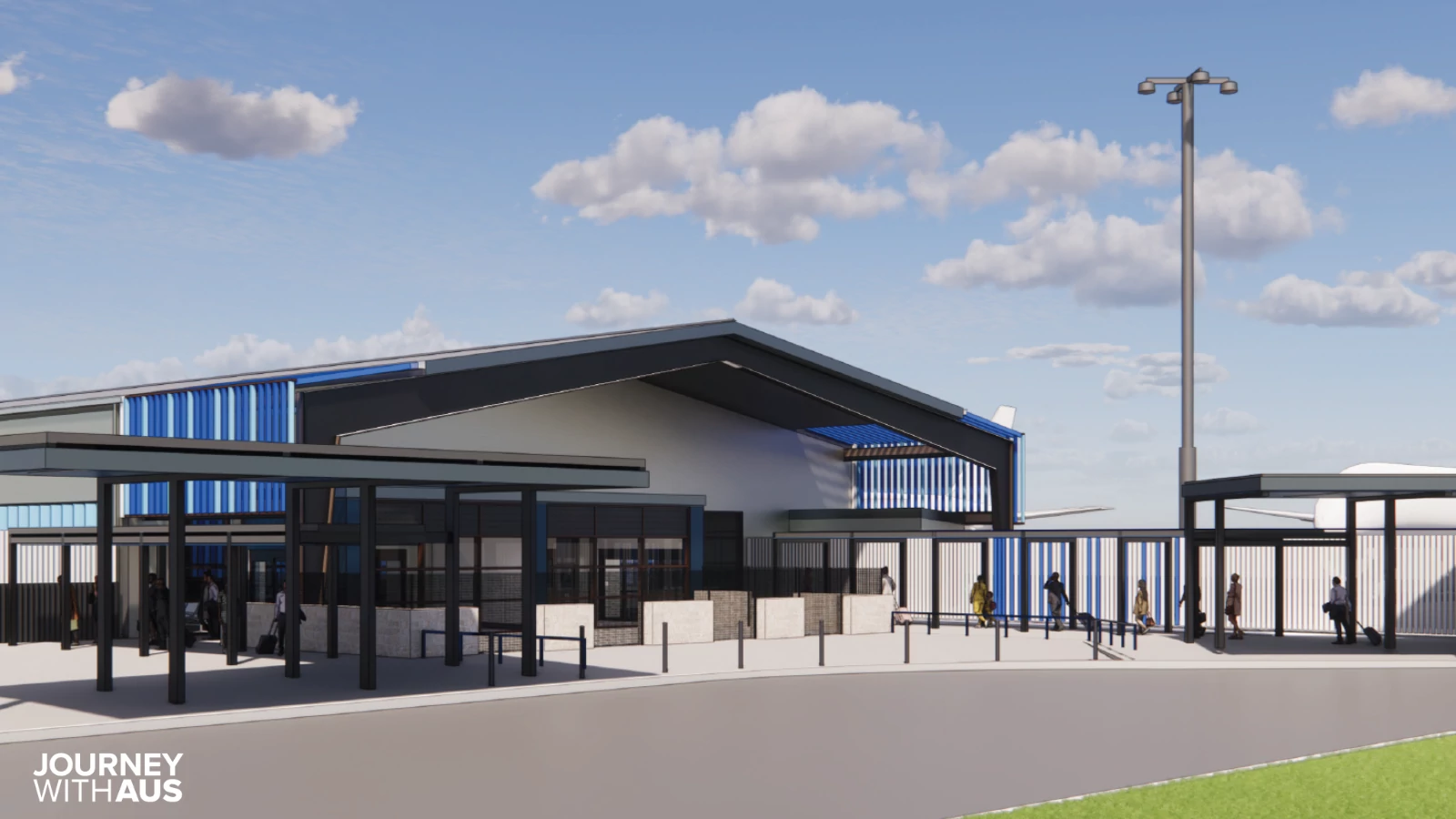 A rendering of the AUS Concourse M project, the building has a blue roof and a white exterior