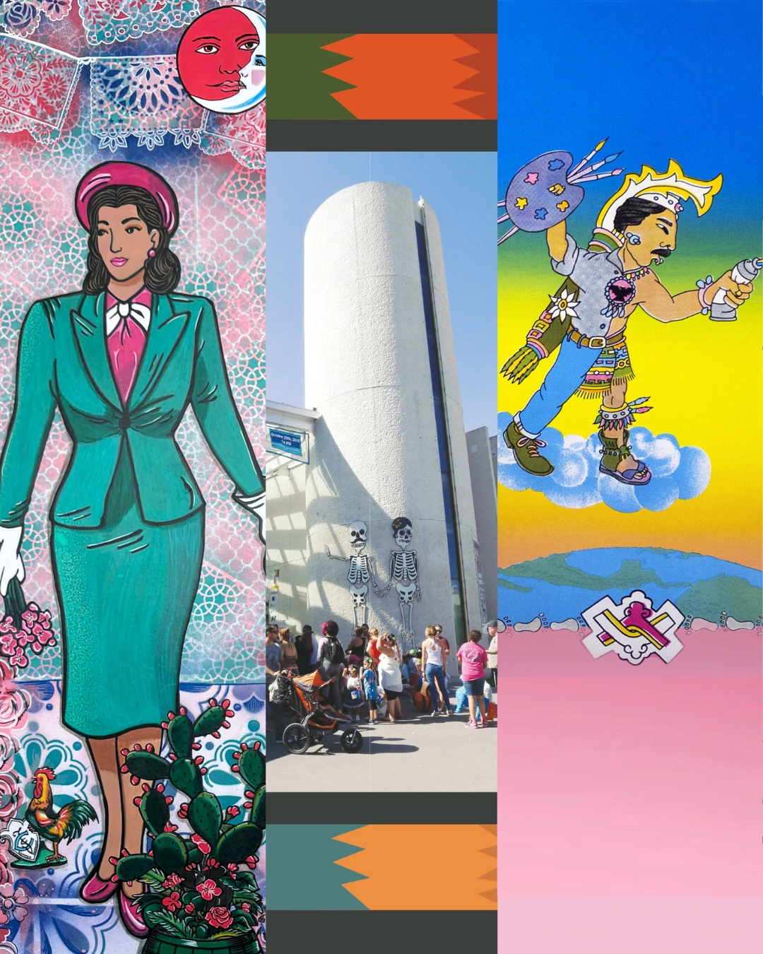 ESB MACC Exhibit Compilation, snaps of three colorful exhibit art images including La Dama