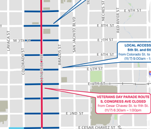 Closure Map Document for the 2026 Austin Veterans Parade event