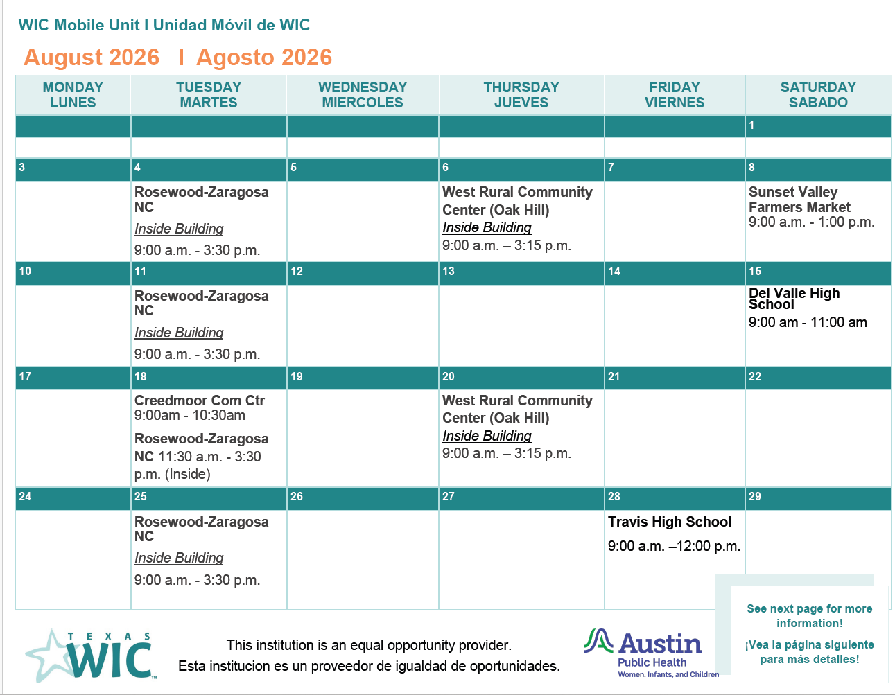 August 2026 WIC Mobile Unit Calendar