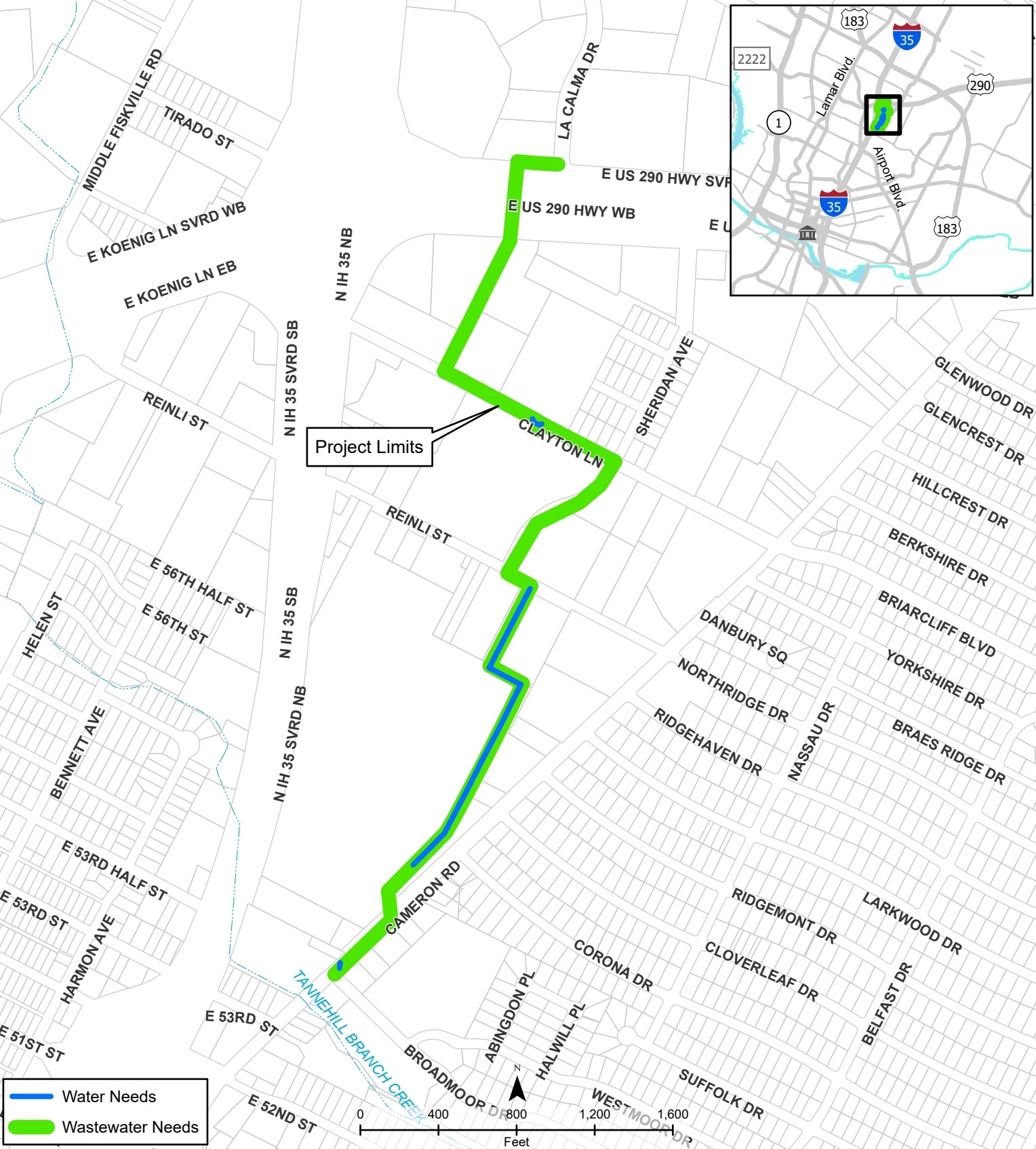 A map of wastewater improvements planned by Austin Water for Cameron Road