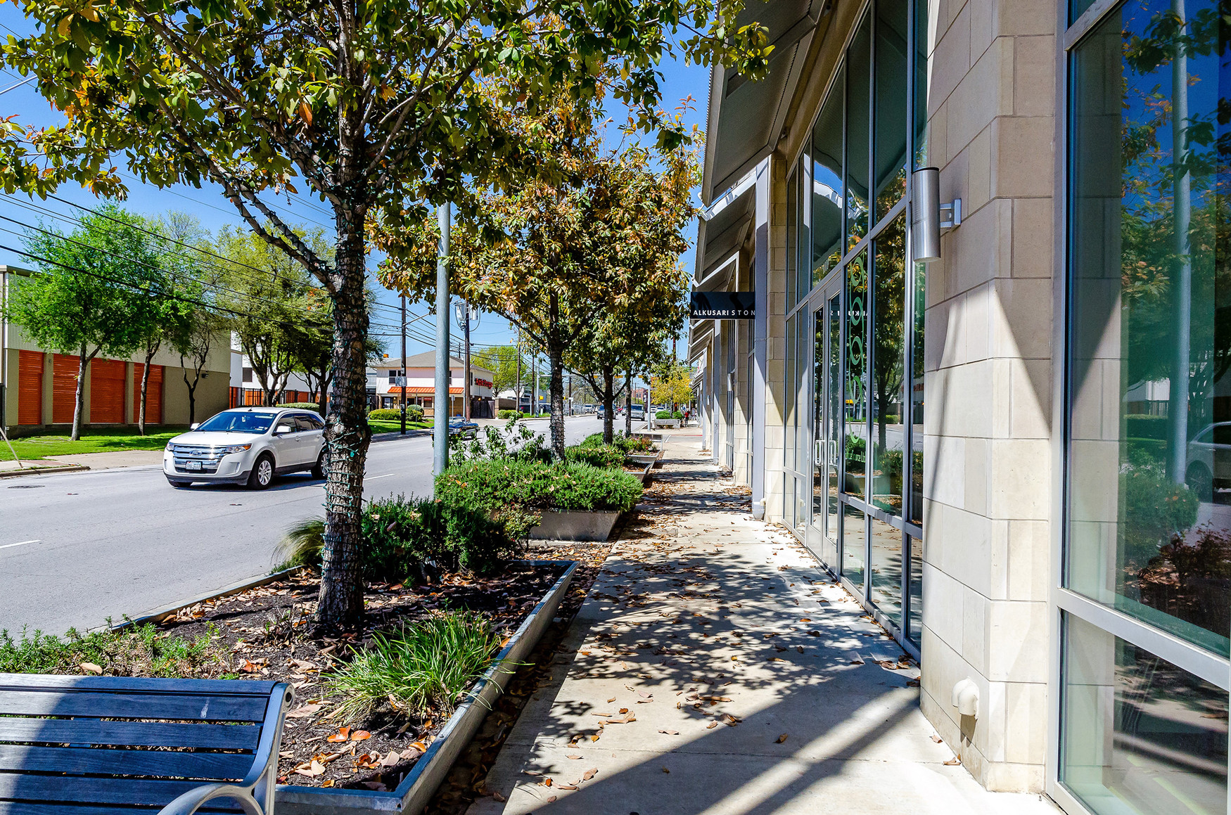 A tree lined commercial street in Austin.