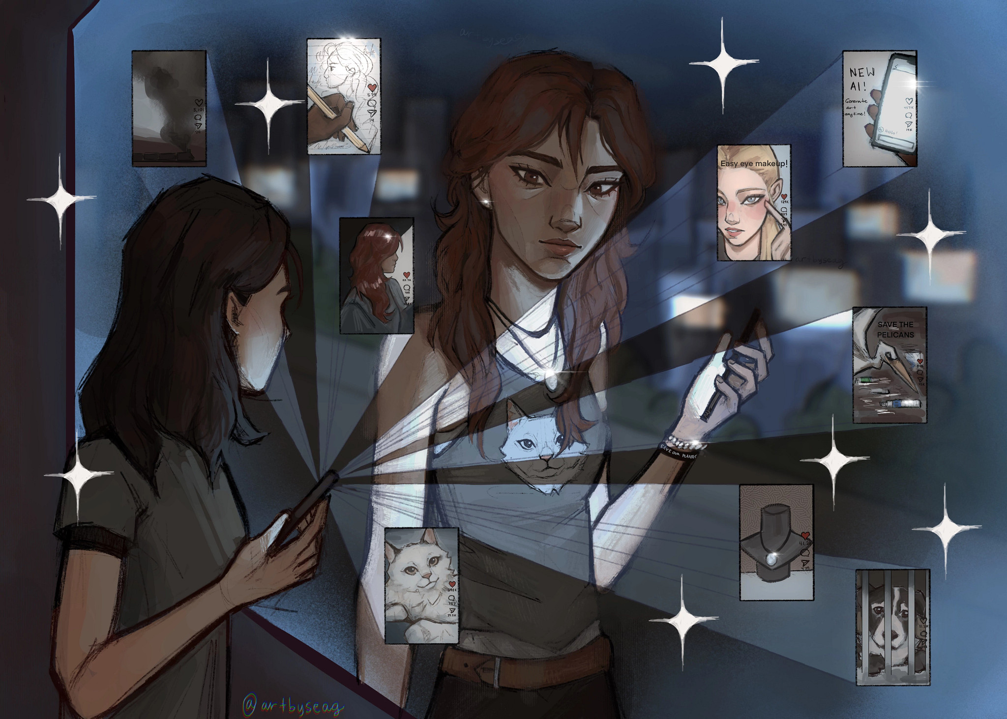 girl looking at her reflection on a broken mirror