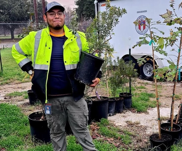 An Austin Parks and Recreation employee holds a potted tree