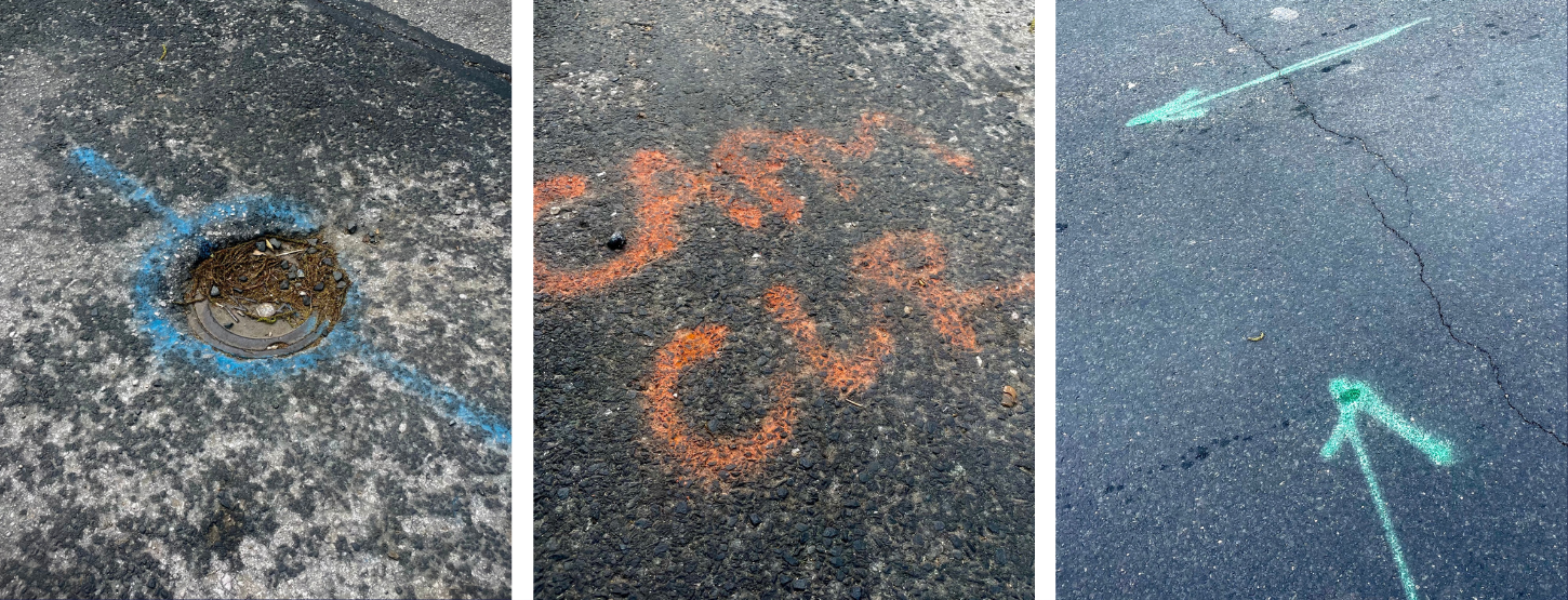 Collage of colored spray painted marks on the road