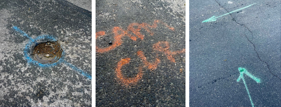 Collage of colored spray painted marks on the road