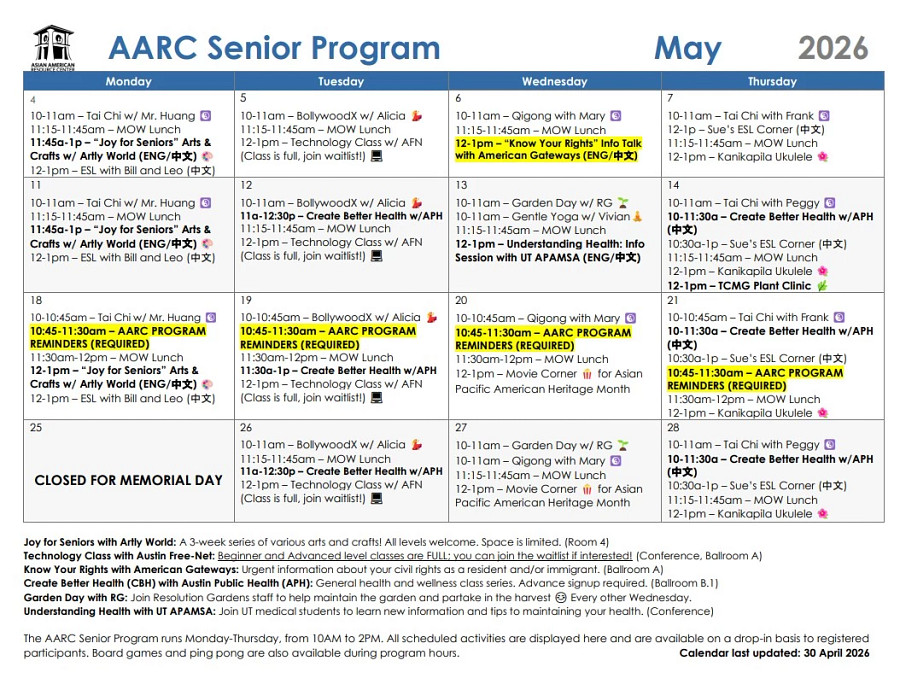 Calendar of AARC Senior Program events for May