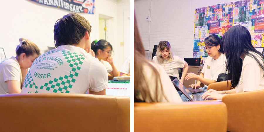 Left, the back of a student's shirt that reads Fertilizer Wiser, Austin, TX, St. Edwards. Right, Emily Hernandez Corona sits in a circle of students pointing to items on her laptop.