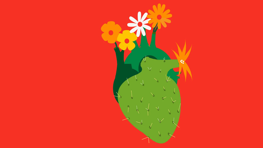 Cactus heart with flowers