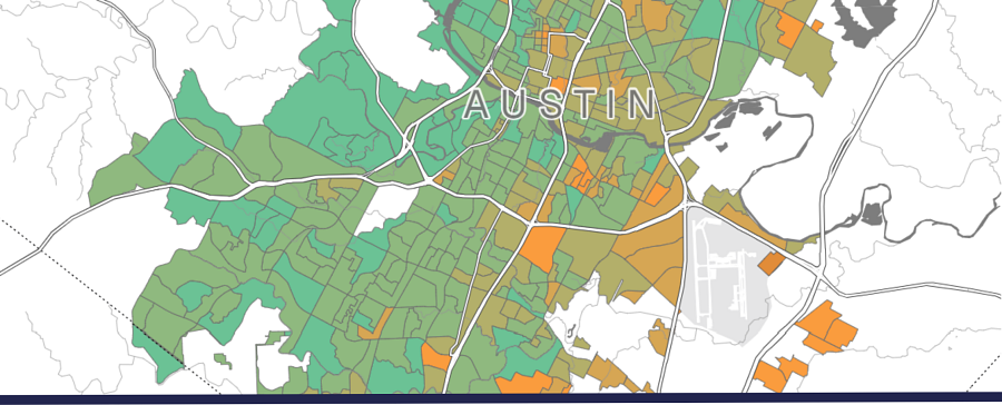 A map showing Tree Equity Scores across Austin. Areas in orange represent higher need.