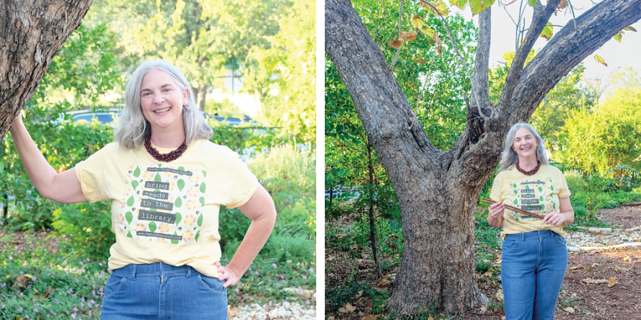 Left to right: Colleen leans on the catalpa tree in the front yard Colleen stands in front of the tree, holding catalpa seed pods.