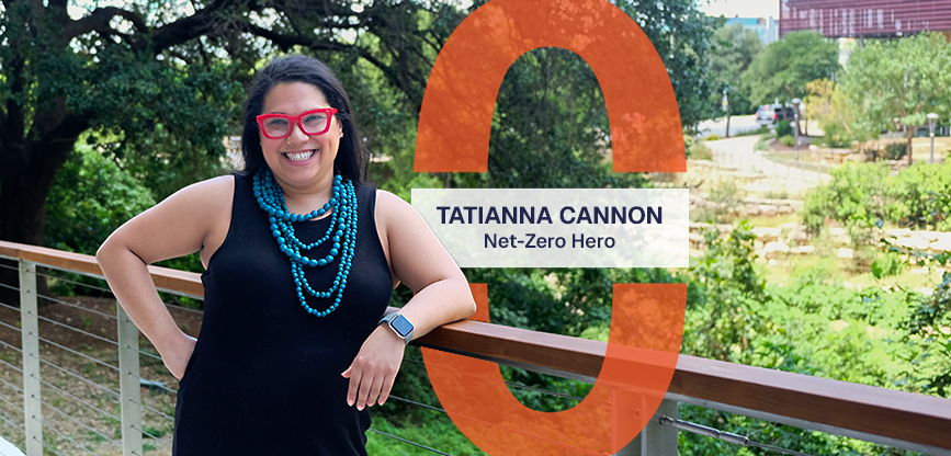 Tatianna leans on a handrail in a park. Text reads, Tatianna Cannon, Net-Zero Hero.