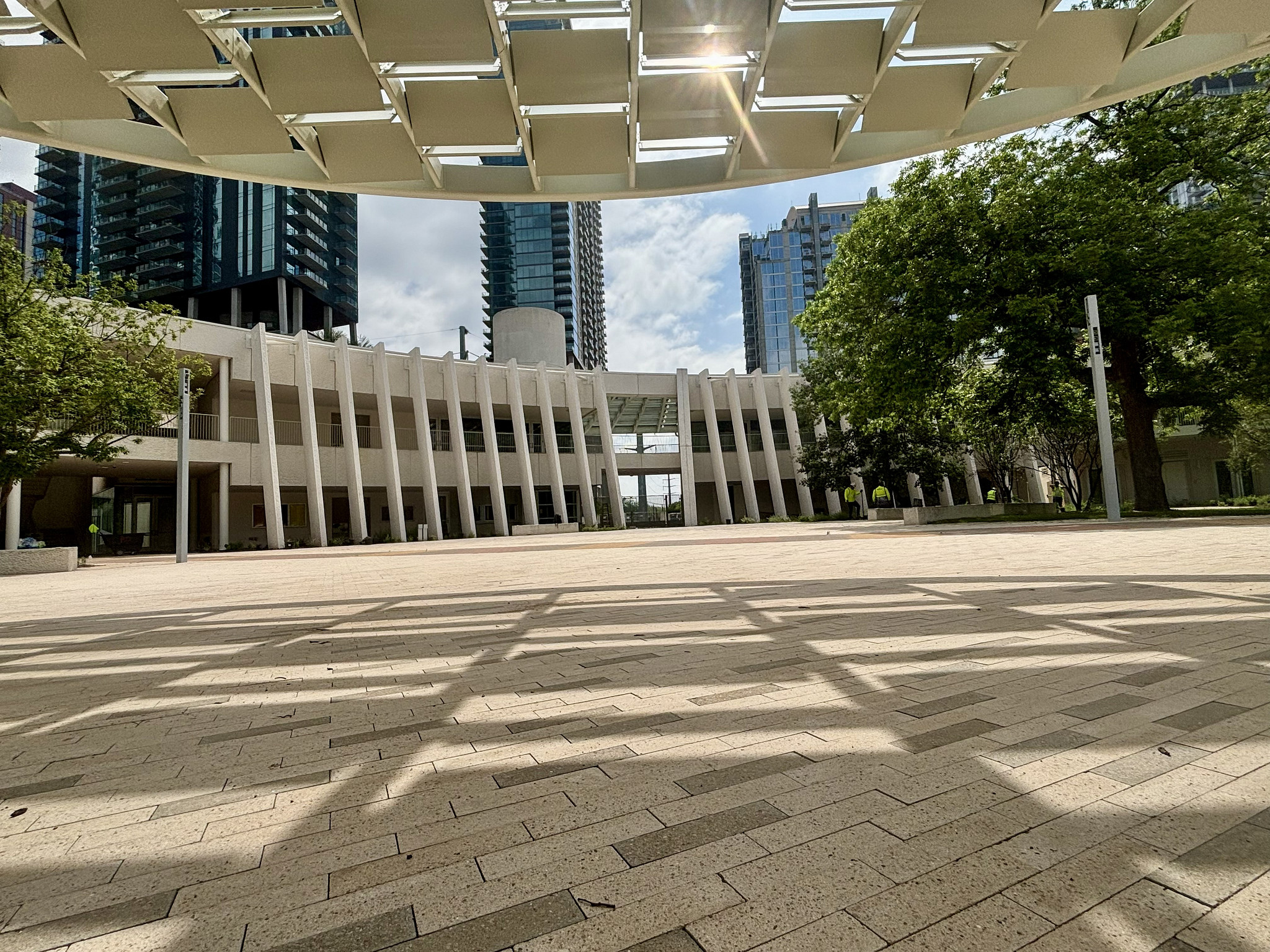 ESB MACC Zocalo Plaza with shade structure, dappled shade