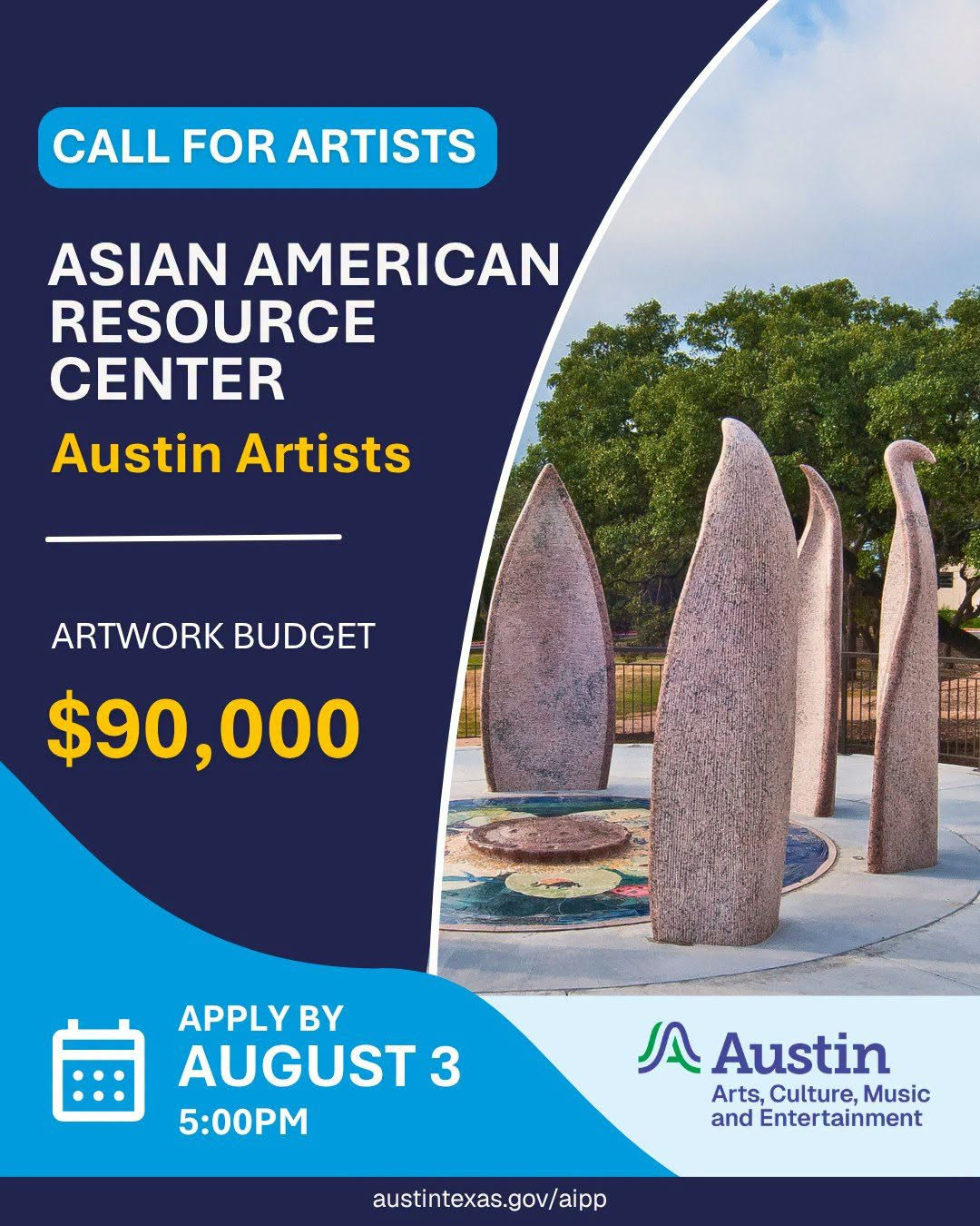 Graphic with a picture of the Lotus Fountain in front of the AARC Text reads Call for Artists Asian American Resource Center Austin Artists Artwork Budget 90,000