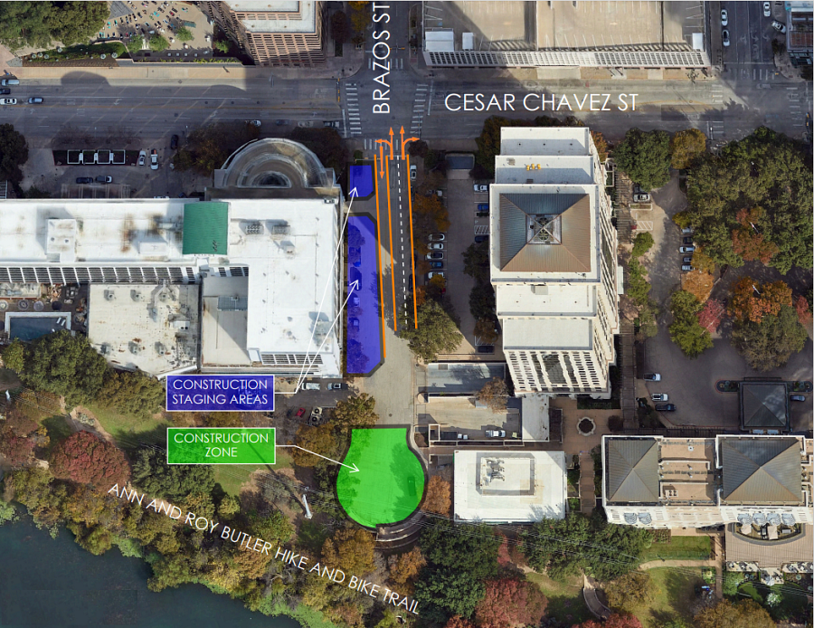 Map of construction areas along Brazos St. for Austin Energy's Duct Bank project. 