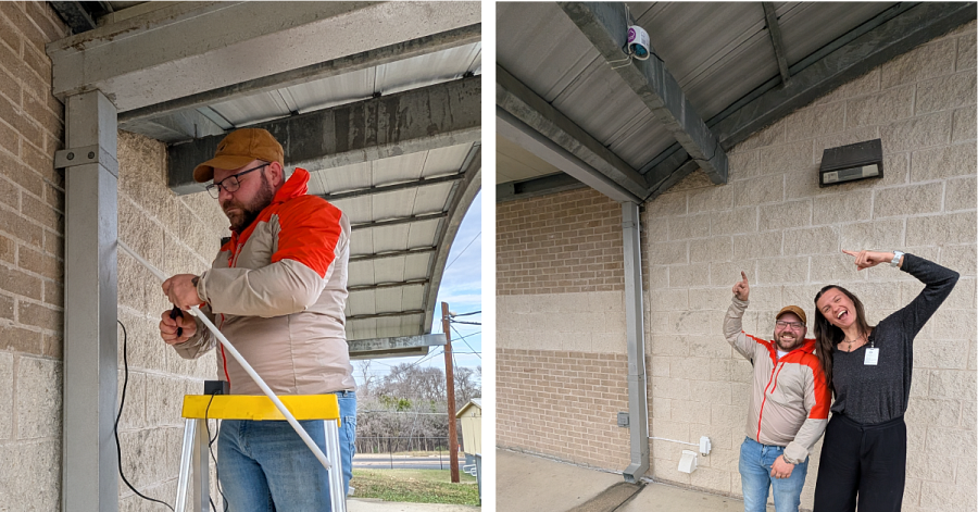 Left, Brian installs an air monitor at Graham Elementary. Right, Brian and Carsen Daniel with AISD's sustainability team, point to the installed sensor.