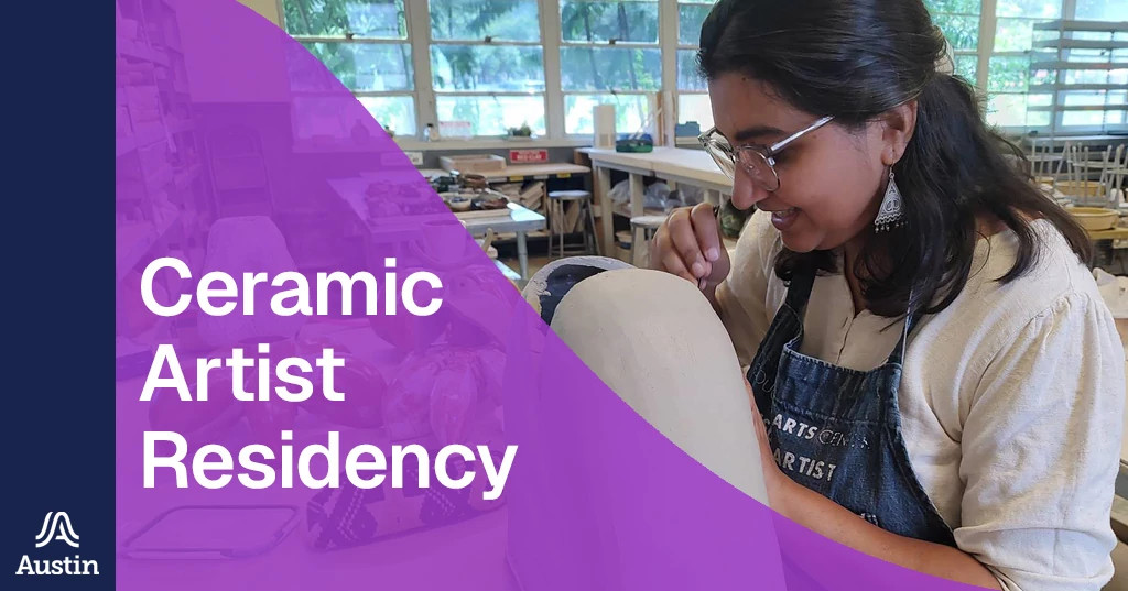A person carving into a ceramic work of art and the text 'Ceramic Artist Residency A Austin'