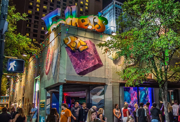 the esther's follies, shown from the northeast side of their building on sixth street in Austin, Texas