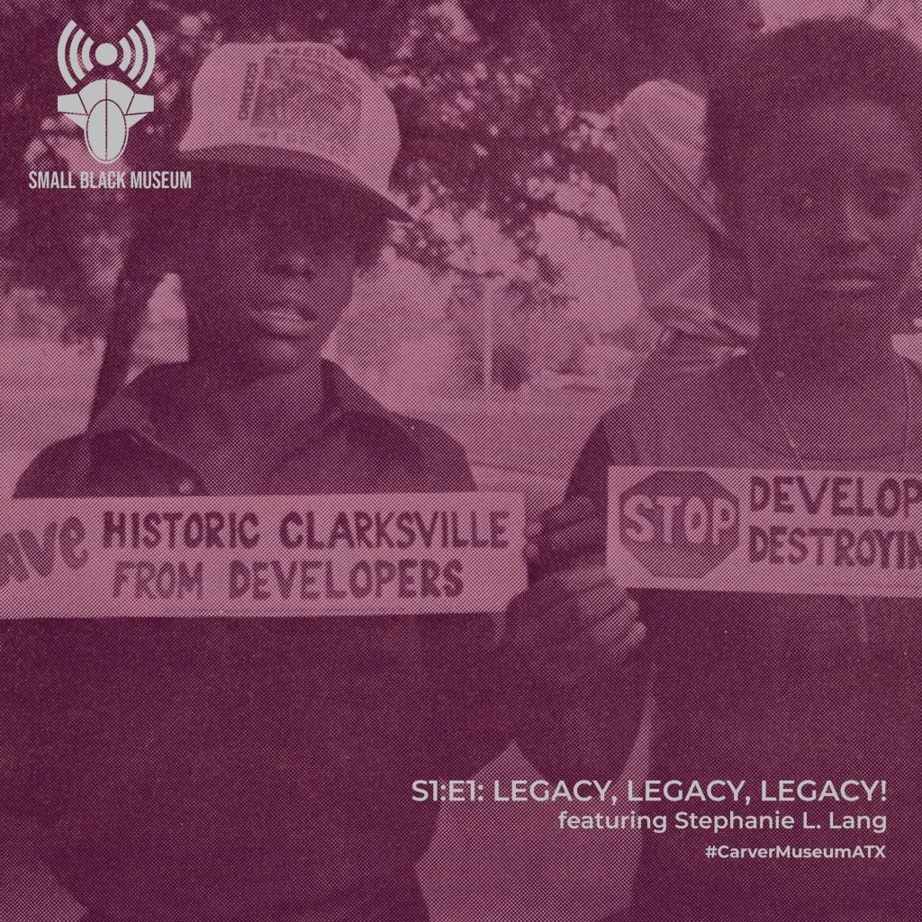 purple graphic of two young, Black Austin activists holding signs with newspaper texture over the image