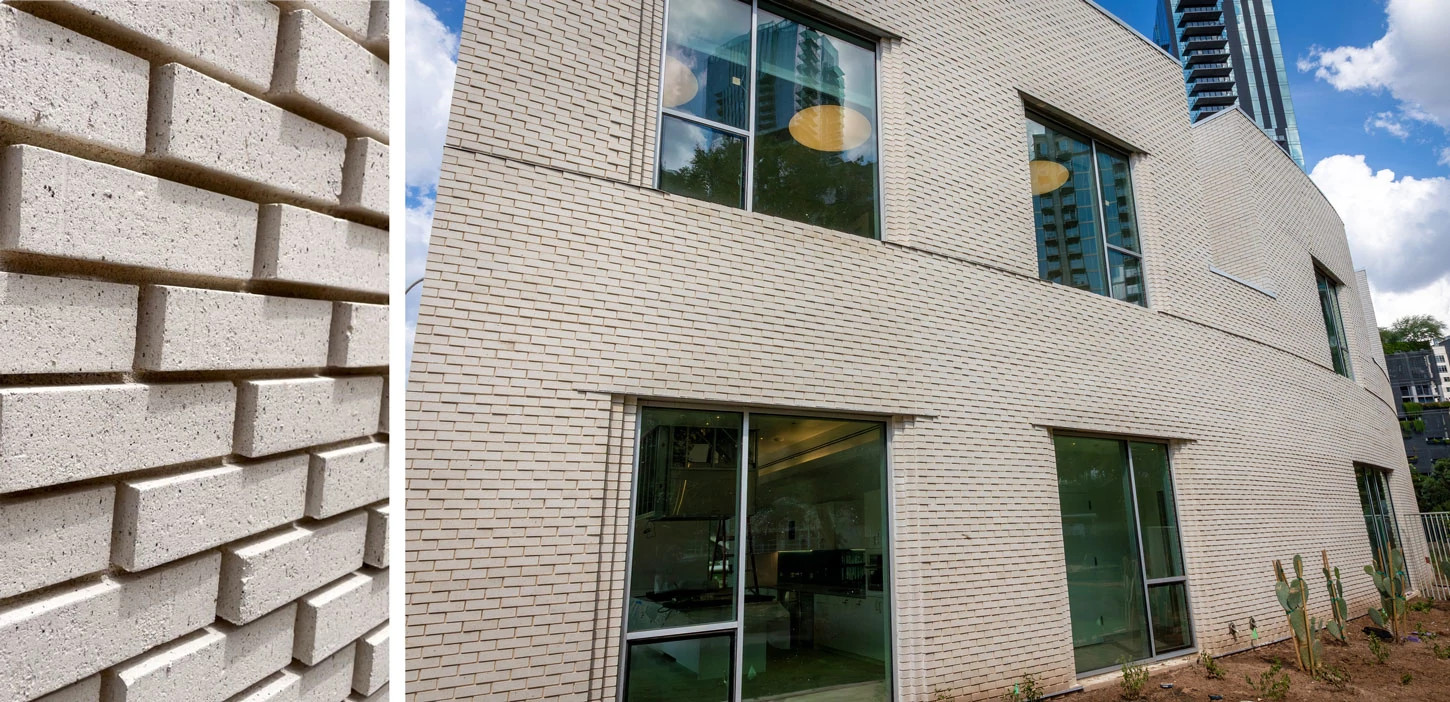 white brick of building shown close up and far away
