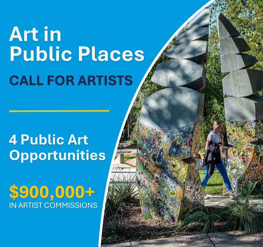 Art in Public Places call for artists graphic featuring a colorful outdoor sculpture in a park setting. Text highlights 4 public art opportunities and over 900,000 dollars in artist commissions.