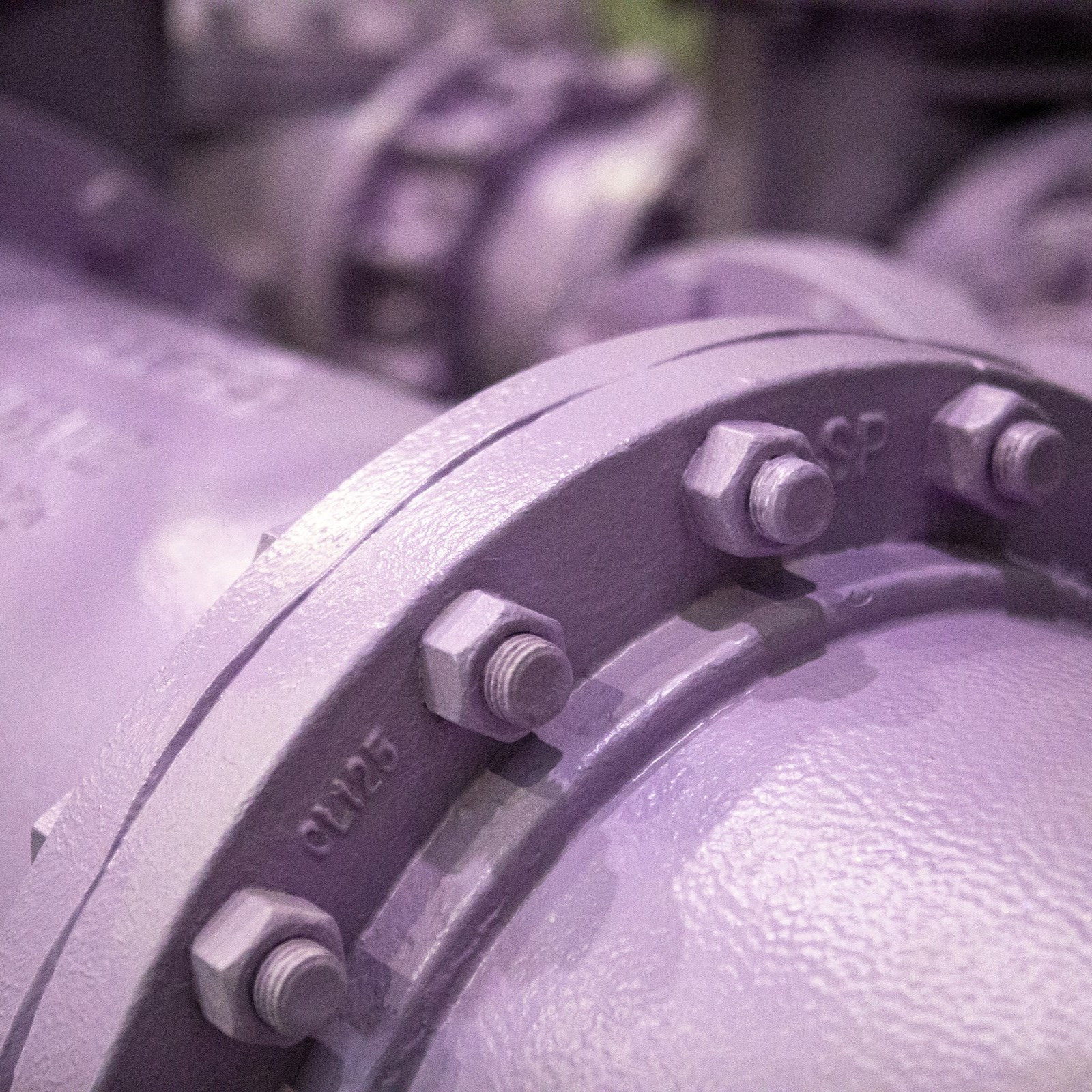 A closeup view of Austin Water's purple-colored reclaimed water pipes
