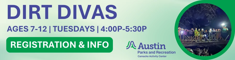 Banner with Dirt Divas dates and times on Tuesday from 4p-6p ages 7-12