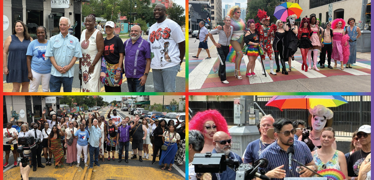 Collage of photos from the Black Artists Matter mural celebration on East 11th Street and photos of community members gathered to celebrate Austin's LGBTQ Pride and rainbow crosswalk at the corner Fourth and Colorado streets.