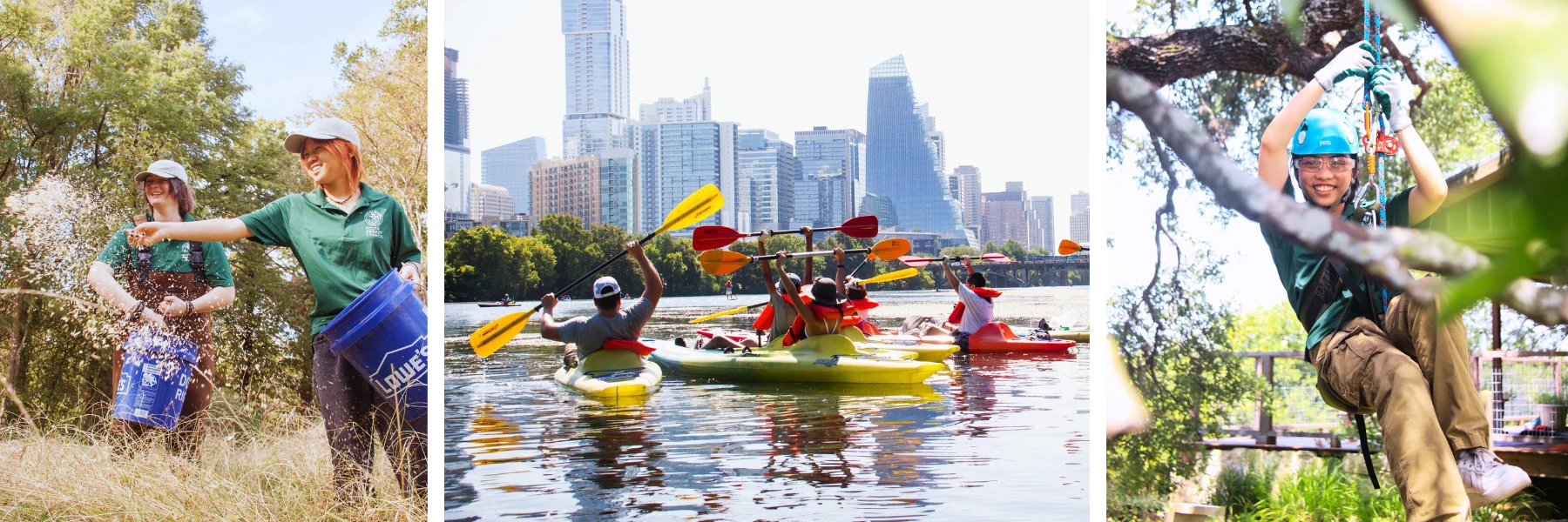 Three photos of Youth Forest Council activities, spreading wildflower seeds, taking kayaks out for a clean up on Ladybird Lake, and climbing trees in professional gear.