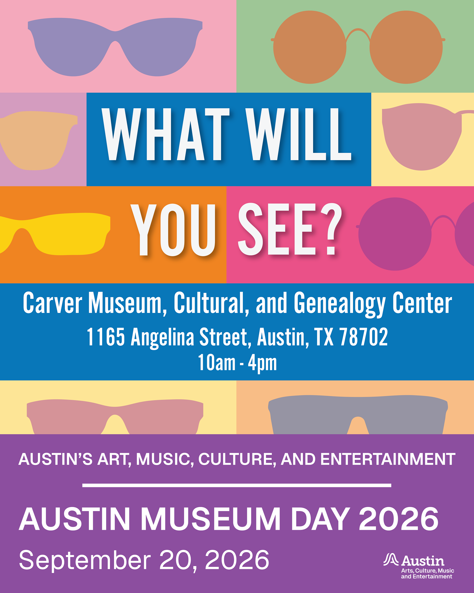 colorful graphic with different sunglasses silhouettes and text reading what will you see