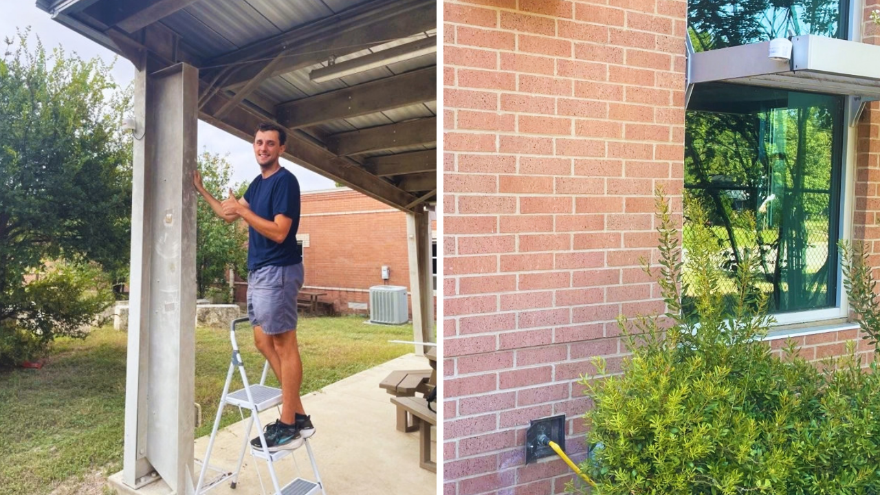 Left, Tyson stands on a ladder installing a PurpleAir sensor at Jordan Elementary. Right. a sensor deployed at an AISD campus.