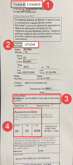 Long narrow citation with numbered red circles from one to four 1 Citation number 2 License Plate Number 3 Violation 4 Appearance Date