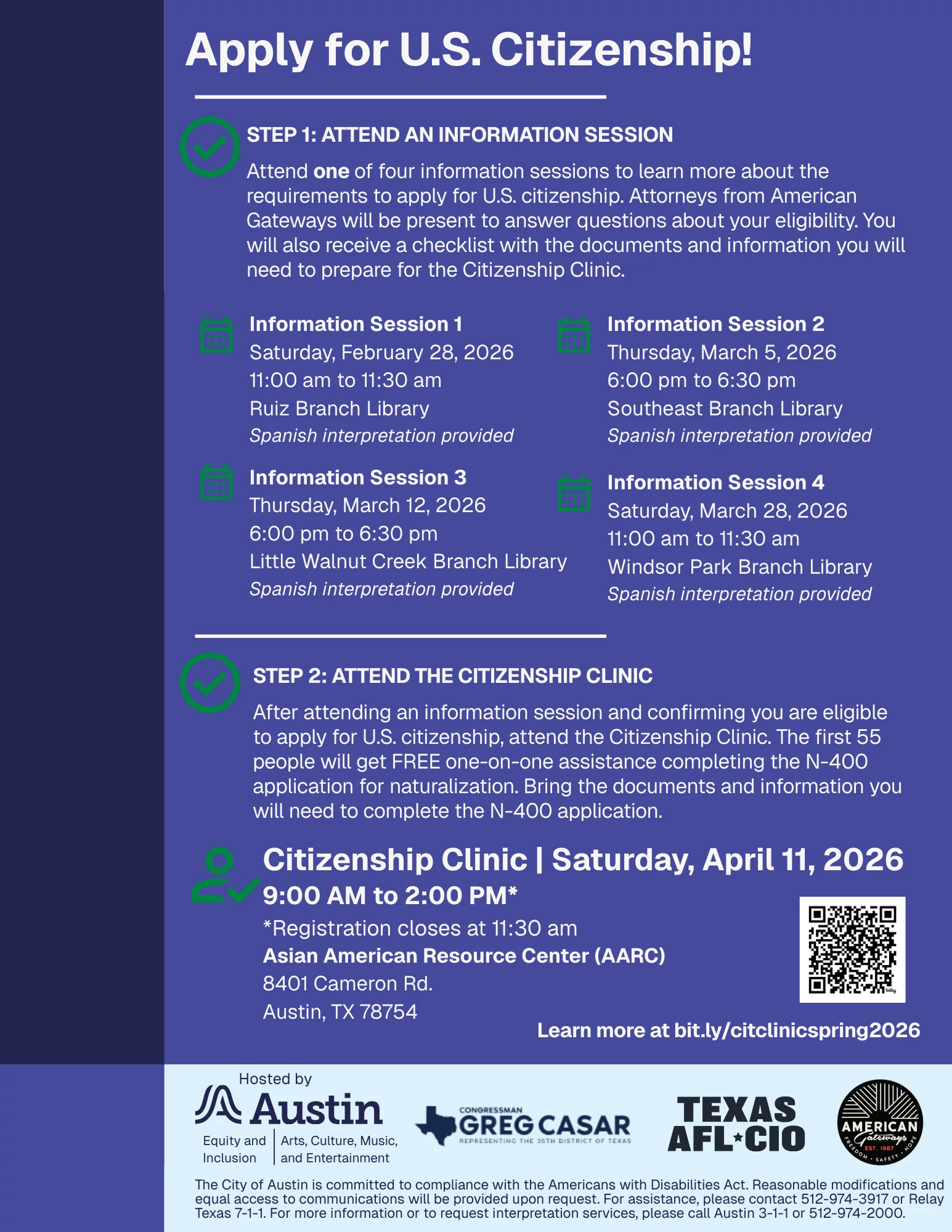Flyer in English for Citizenship Clinic and information sessions with information session and clinic dates, locations, and other information.