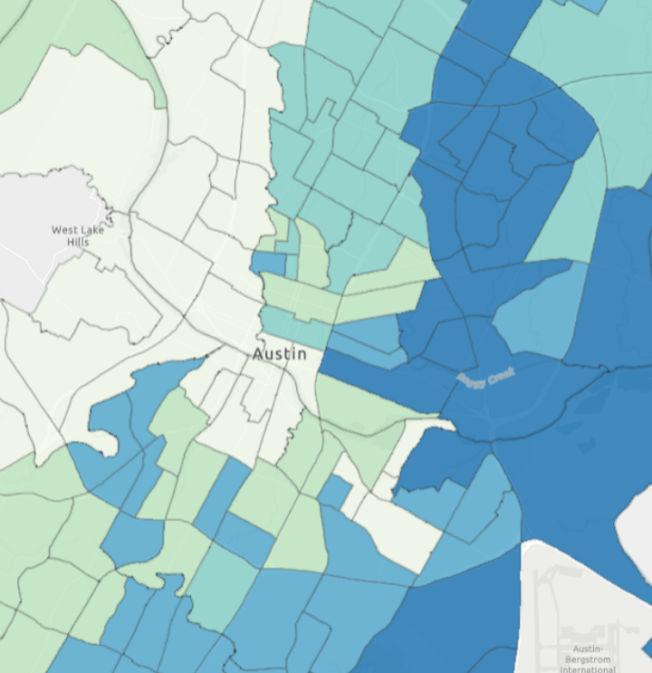 A colorful overlap snapshot of the storymap graphic of Austin from the LEMI tool
