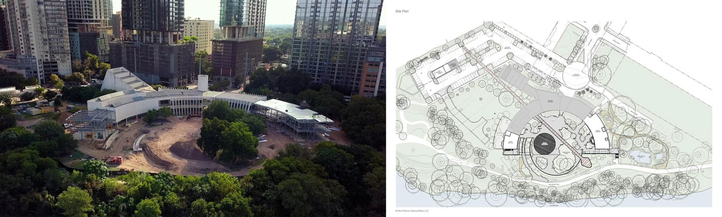 Collage of project drone photo and site plan